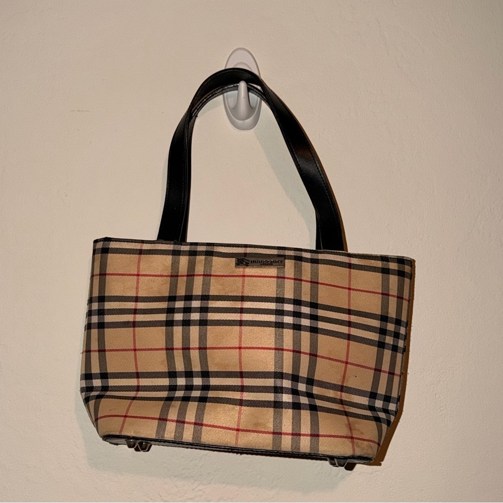 Burberry Beige Plaid Mini Tote with Black Leather Handles - Picture 2 of 13